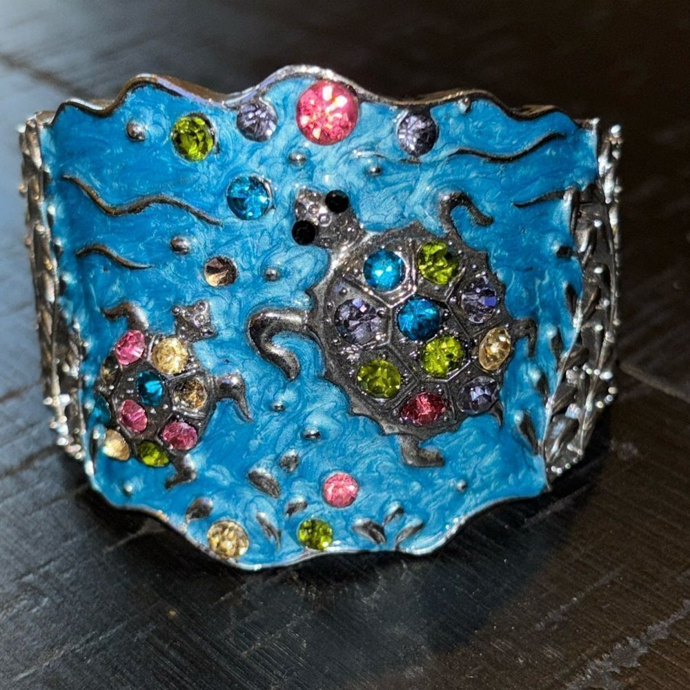 Colorful Turtle Enamel Rhinestone Jeweled Cuff Clamper Bracelet